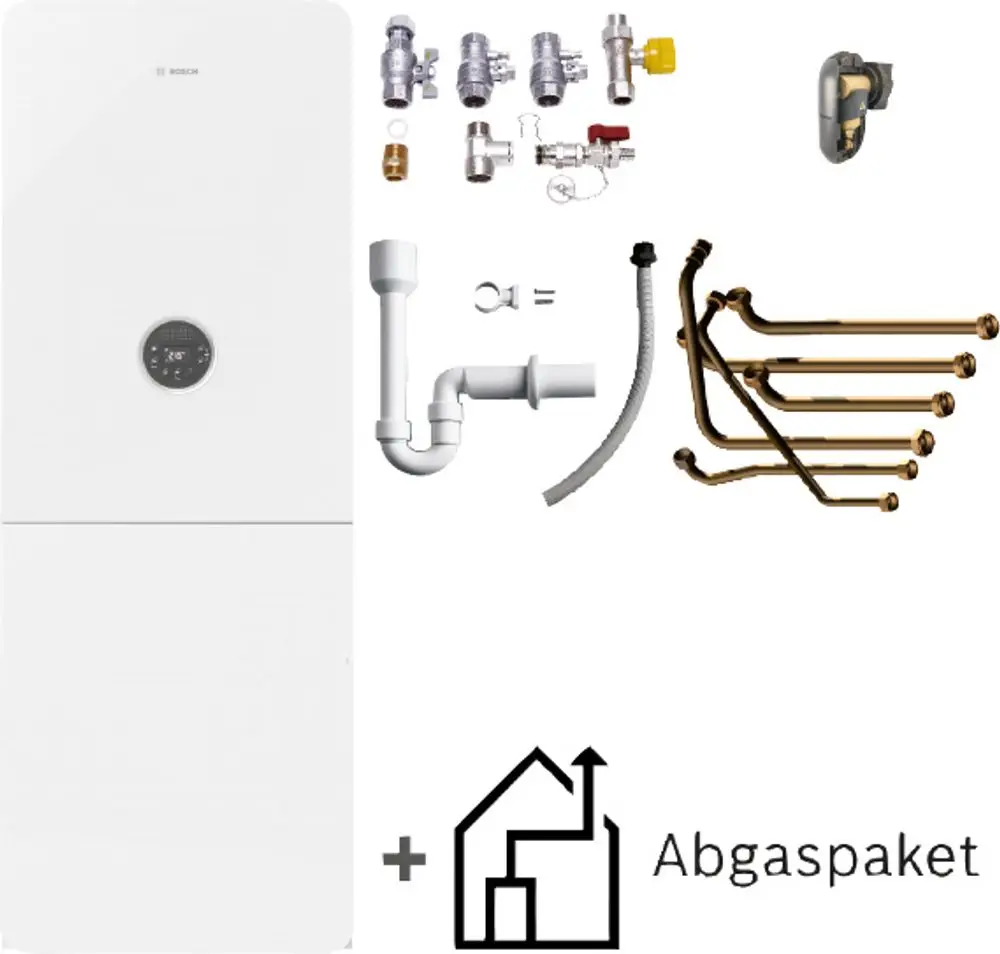Weißer Bosch-Gasbrennwertkessel mit Installationszubehör, inklusive Rohrleitungen, Abwassersystem und weiteren Komponenten für die Installation.